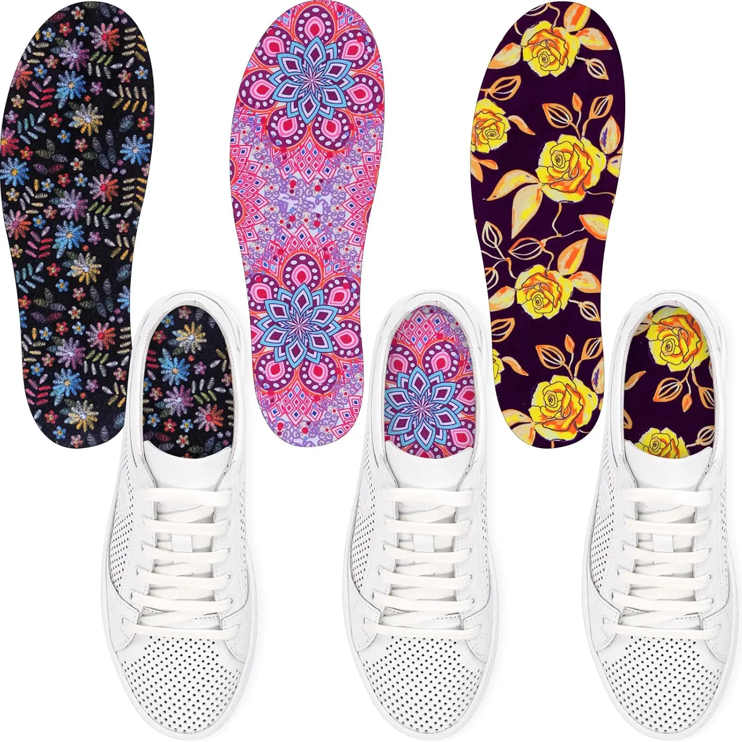 3 Pairs No Show Socks Sockless Shoe Liner Washable Barefoot Shoe Insoles No Slipping Inserts(Flower Style)