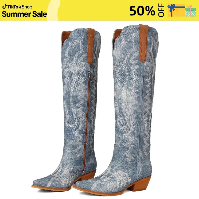 Women's Point-Toe Embroidered Western Cowboy Chunky Heels Boots Knee High Vintage Style Pointed Toe Cowgirl Boots with Intricate Pattern Side Zipper Boots for Casual Festival Daily Wear Fashionable Durable Footwear fall shoe shopping summerwins,summerwins