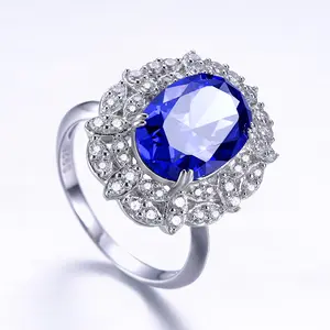 S925 Sterling Silver Oval Cut Blue Gemstone Ring with Floral Halo Pavé Setting, Elegant Engagement & Statement Jewelry queen ring