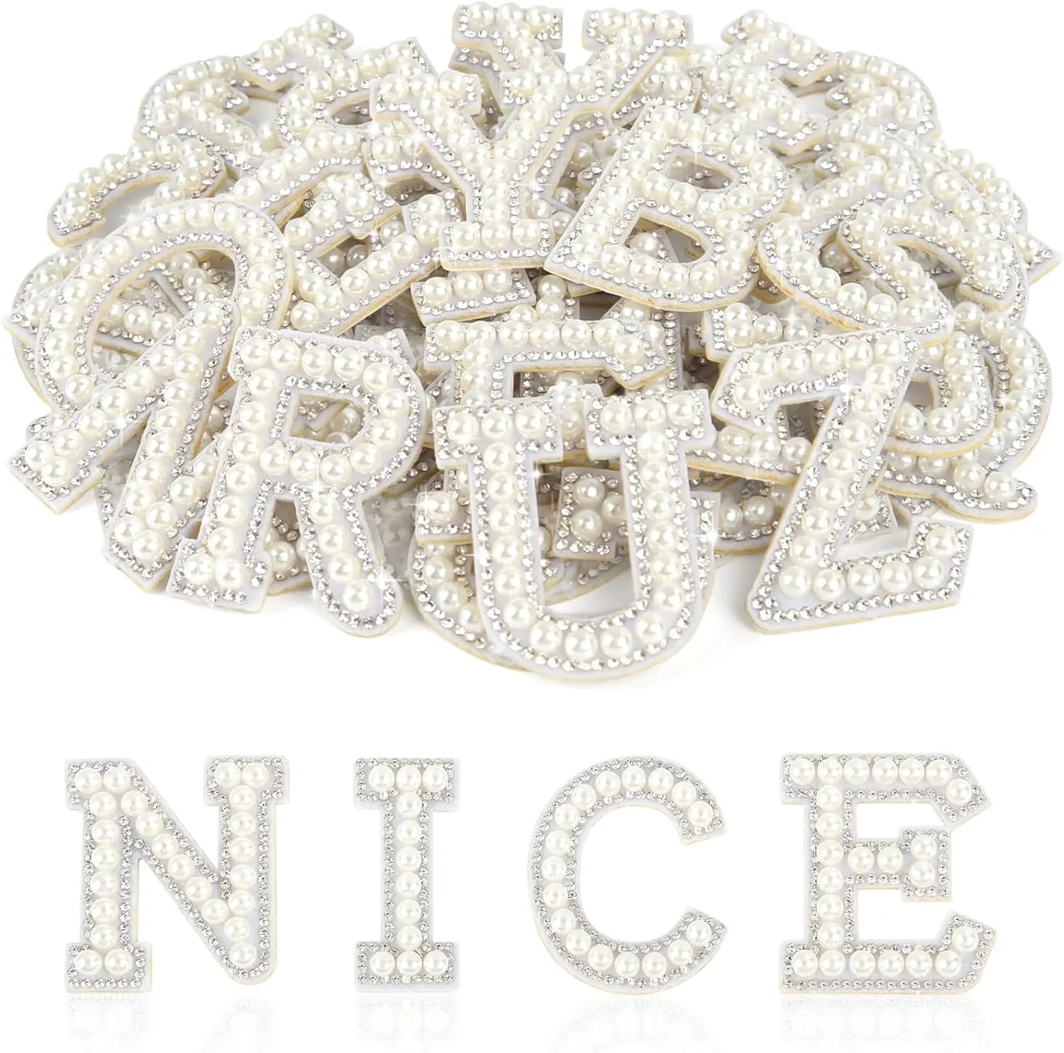 ASTARON 26-Pcs Self-Adhesive Pearl Rhinestone Alphabet Letters Appliqué Patches, Glitter Finish Stickers for Clothes & Bags, DIY Sewing Supplies for DIY Projects