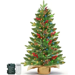 3 ft Artificial Small Christmas Tree with Dual Color Change Lights Timer, Perfect PE+PVC Spruce Mini Tabletop Christmas Tree, Pinecone Red Berry Burlap Base for Xmas Desk, Home Decor