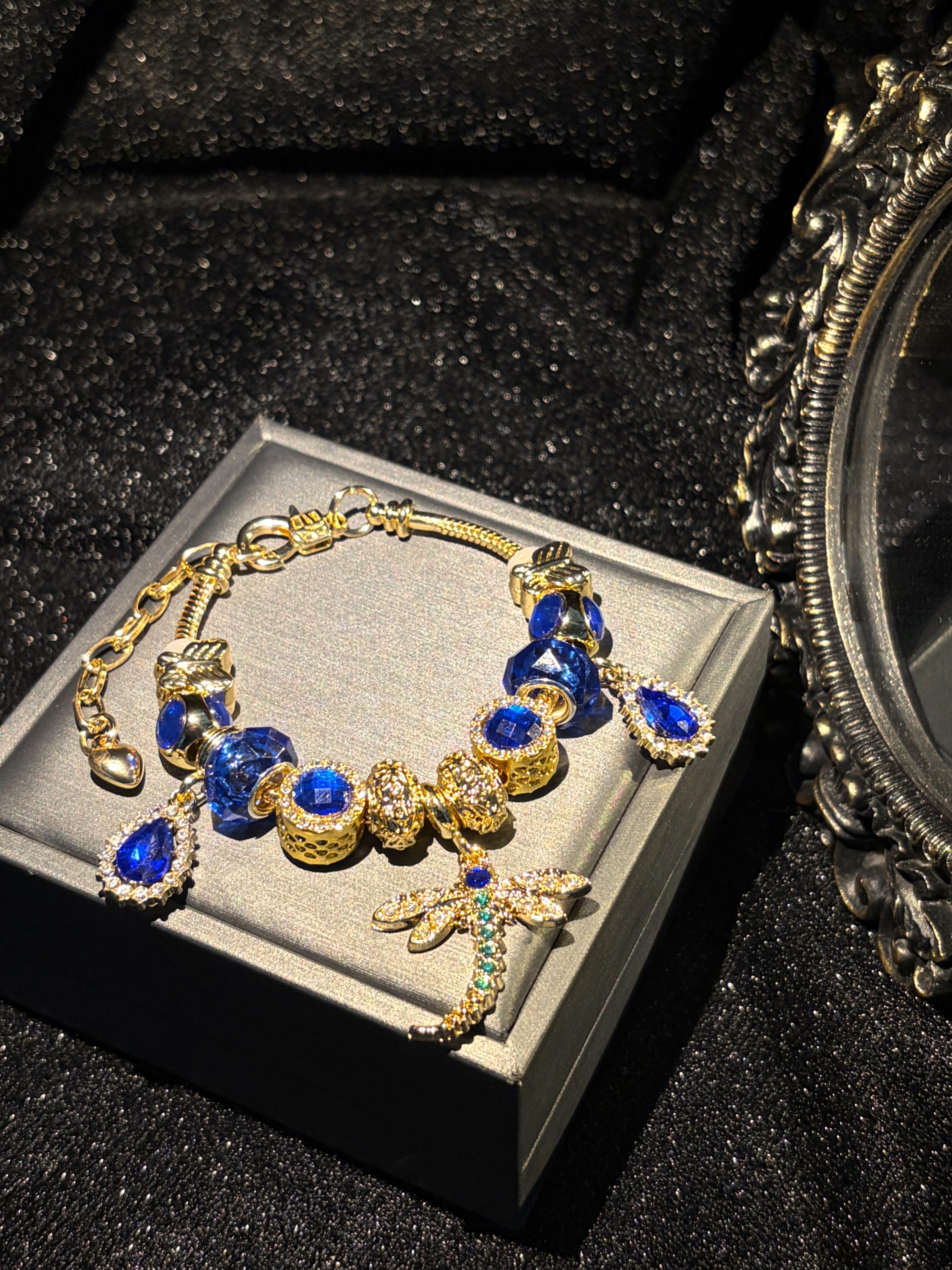 Women's Gold Tone Charm Bracelet, Sparkling Blue Bead & Dragonfly Rhinestone Charms Bangle for Daily Party Wear Women's Gold Tone Charm Bracelet, Sparkling Blue Bead & Dragonfly Rhinestone Charms Bangle for Daily Party Wear