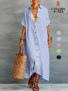 Women's Loose Turndown Collar Short Sleeve Cardigan Button Dress, Asymmetrical Hem Casual Vacation Dress, Suitable For Daily Commute And Dating Summer Elegant