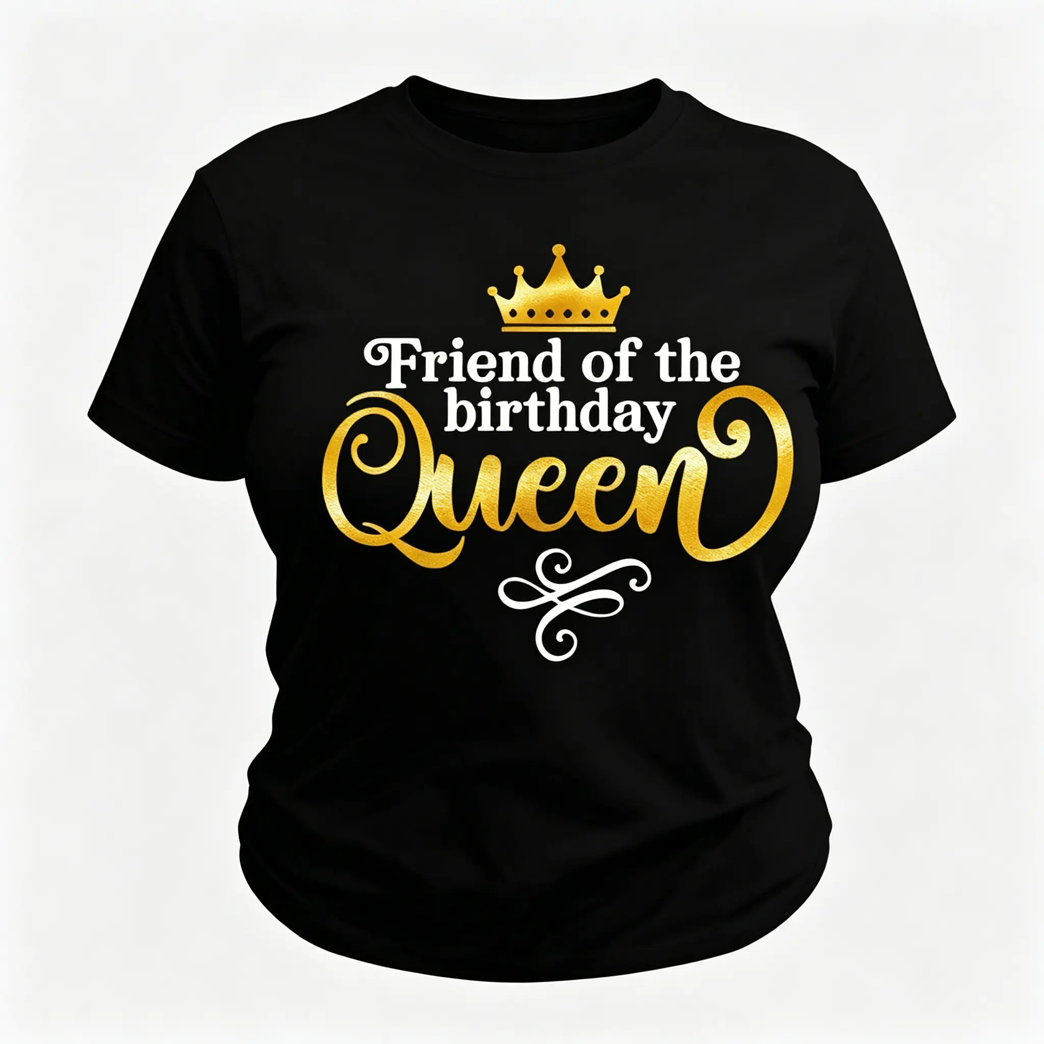 Women's Black & White Birthday Queen & Friend of the Queen Graphic T-Shirt - Casual Short Sleeve Round Neck Tee with Golden Crown Print, Medium Stretch Fabric, Machine Washable, Perfect Birthday Gift for Spring Summer, Queen T Shi