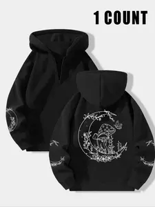 Women's Moon & Mushroom Print Drop Shoulder Hoodie, Casual Trendy Long Sleeve Hooded Sweatshirt for Daily Wear, Ladies Clothes for Fall & Winter