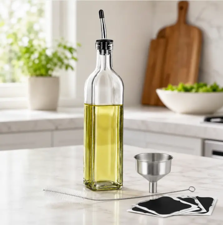 2 Pack Glass Olive Oil Dispenser Bottles, 500ml Oil and Vinegar Cruet Set with Stainless Steel Pourers, Funnel & Labels