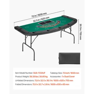 VEVOR Foldable Poker Table, 7 Player 72 in Folding Casino Leisure Table with Padded Rails Cup Holders, Semi-oval Portable Game Tables with Felt Metal Legs, for Texas Hold'em Game and Blackjack