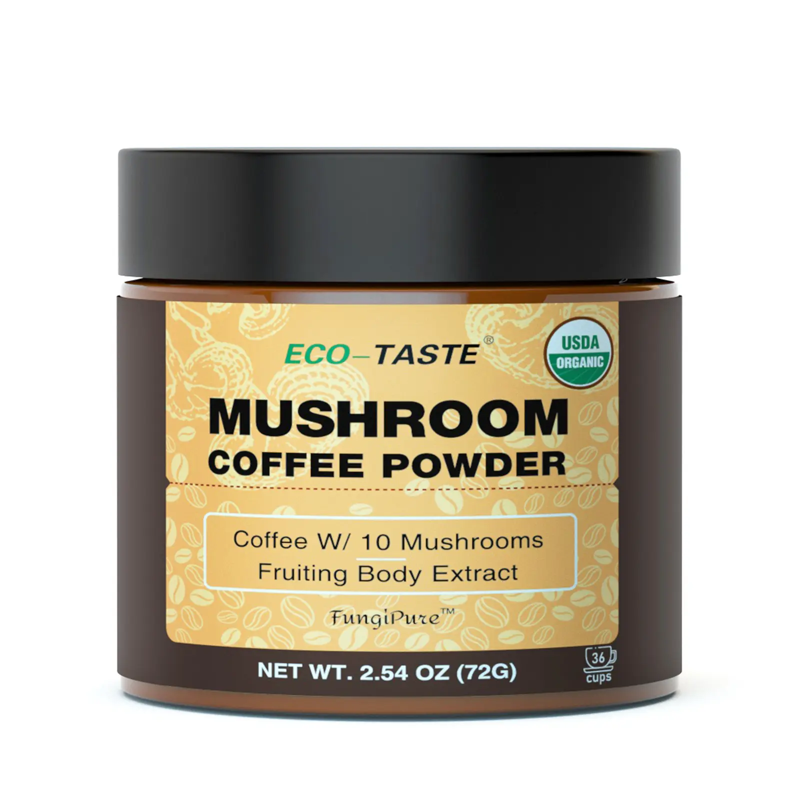 ECO-TASTE Organic Mushroom Coffee With 30% Beta-Glucans - Fungipure Lions Mane & Reishi Extract - Instant Arabica, 36 Servings