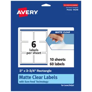 Avery Matte Clear Labels,  3" x 3-3/4" Rectangle