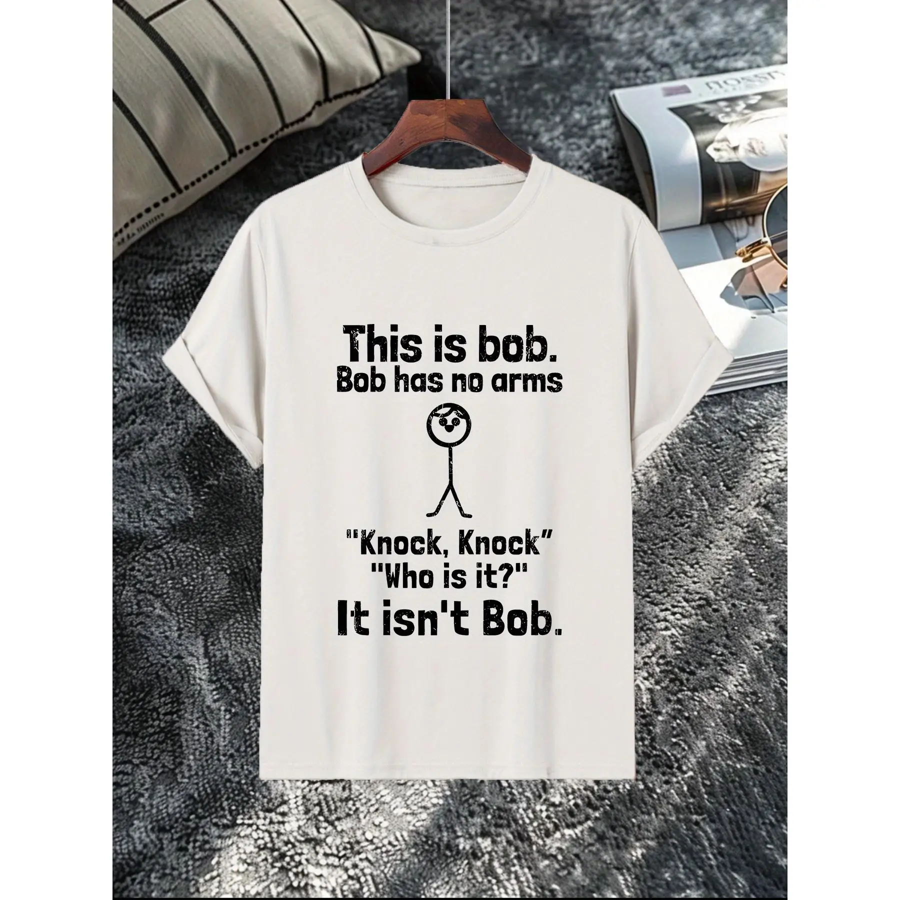 Shortsleeve Shirt for Men with Funny Knock Knock Joke Graphic, Soft Breathable Cotton Fabric, Classic Streetwear Style for Casual Summer Outfits, T-Shirt, Round Neck, Breathable And Moisture-Absorbing, Unisex Fit, Crew Neck, Lightweight, Quality Controlle