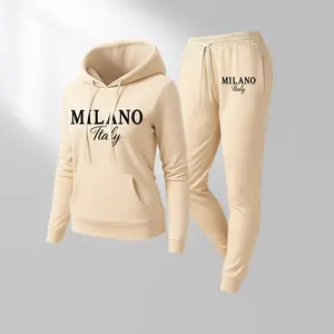 Women's MILANO Print Hoodie And Drawstring Track Pants Set, Casual Sportswear, Long-Sleeved Hooded Jacket And Pants, Suitable For Autumn And Winter, Everyday Wear, Indoor And Outdoor Sportswear, Sportswear Set, Casual Sportswear. SpringStatements