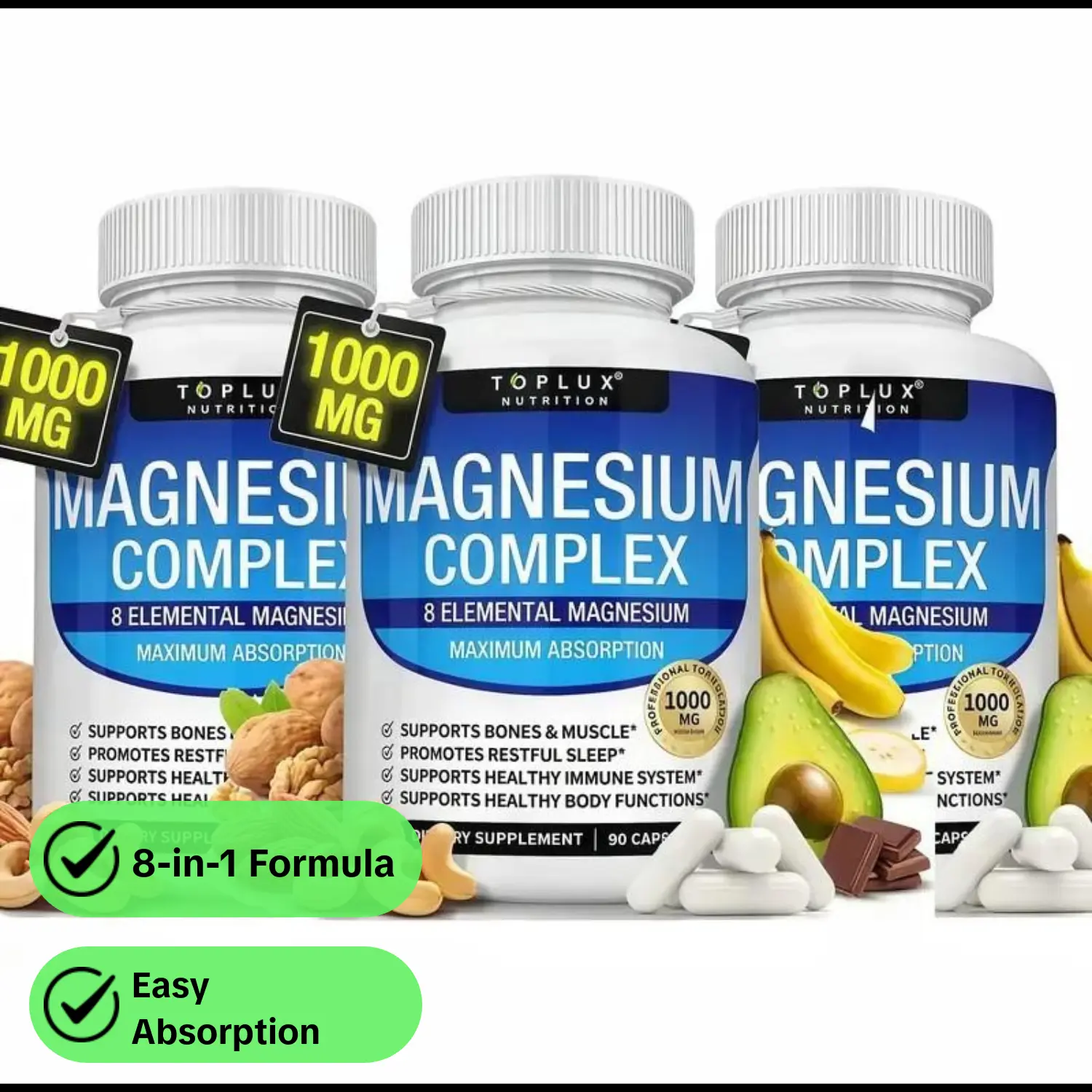 Magnesio Complexfor Women,8 in 1 Elemental MagnesiumComplex,1000mg - 90 Capsules Health foodGlycinateCitrate,Malate for Easy Absorption, SupportsRelaxation,Sleep, Muscle Function & Bone HealthComfortable