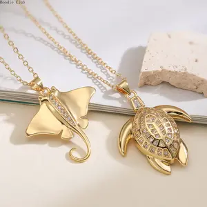 Turtle Pendant Necklace for Women, Gold Plated Brass with Cubic Zirconia, Minimalist Clavicle Chain Jewelry, Trendy Ocean-Inspired Statement Necklace, Lightweight Elegant Fashion Accessory for Daily Wear, Beach, Vacation, Party & Gift Idea