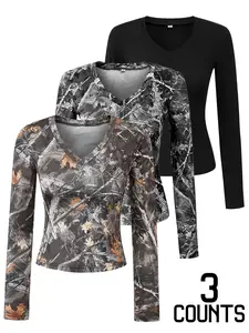 Women 3 Pack V Neck Long Sleeve Top Set Camouflage and Solid Black Slim Fit Tee Casual Undershirt