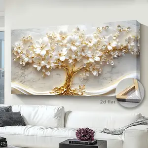 2D canvas painting, modern white and gold floral, minimalist modern abstract canvas wall art - elegant texture artworks with wooden frames, suitable for hanging indoor and outdoor decoration in living rooms, bedrooms, kitchens and bathrooms - perfect gift