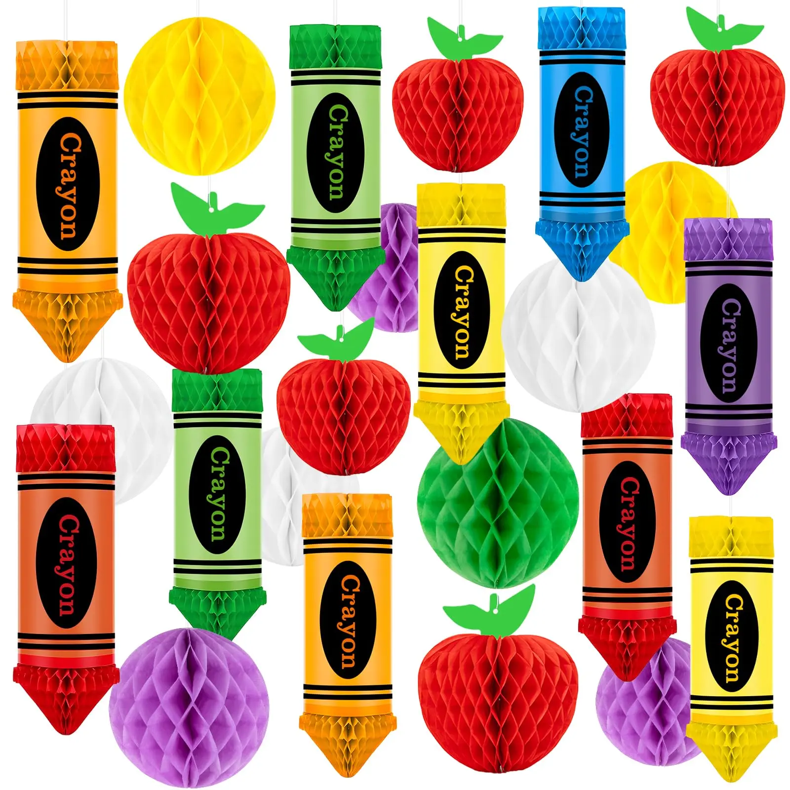 24Pcs Apple-Shaped Crayon-shaped Hanging Honeycomb Balls Welcome Back to School Classroom Decorations for Teacher Appreciation Week First Day of School Party Supplies Decor