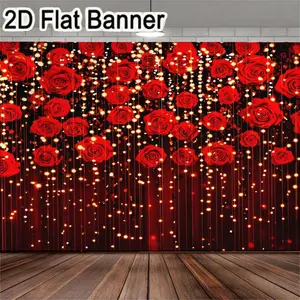 2D flat banner, 1pcVibrant Red Rose Backdrop with Sparkles, Romantic Floral Decor for Festive Celebrations, Red Background Rose Garland with Twinkling Fairy Lights Decorations