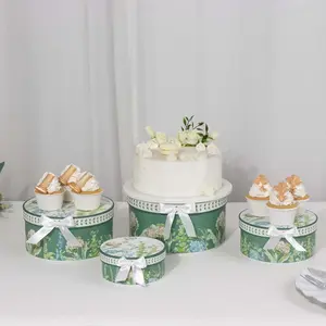 Set of 4 Cardstock Round Nesting Gift Boxes With Lids 5",7",8",9" Greenery Theme Design - Charming Stackable Heavy Duty Keepsake Boxes for Presents Storage & Display Stand