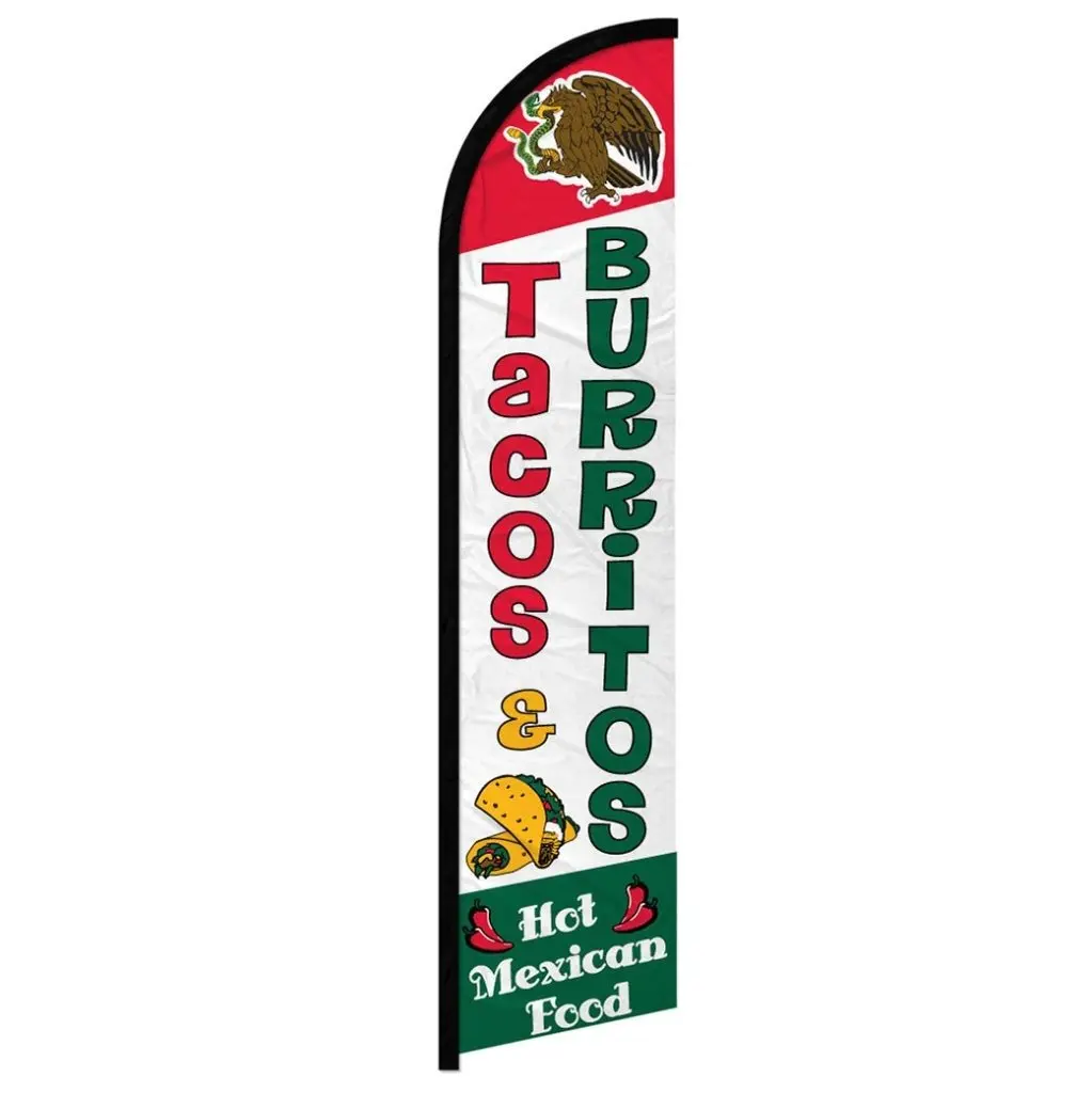 Tacos & Burritos Windproof Standing Banner Flag - 11.5x2.5 ft Windless Advertising Flag with Curved Sleeve, Outdoor Party Decoration, Home Festive Backdrop