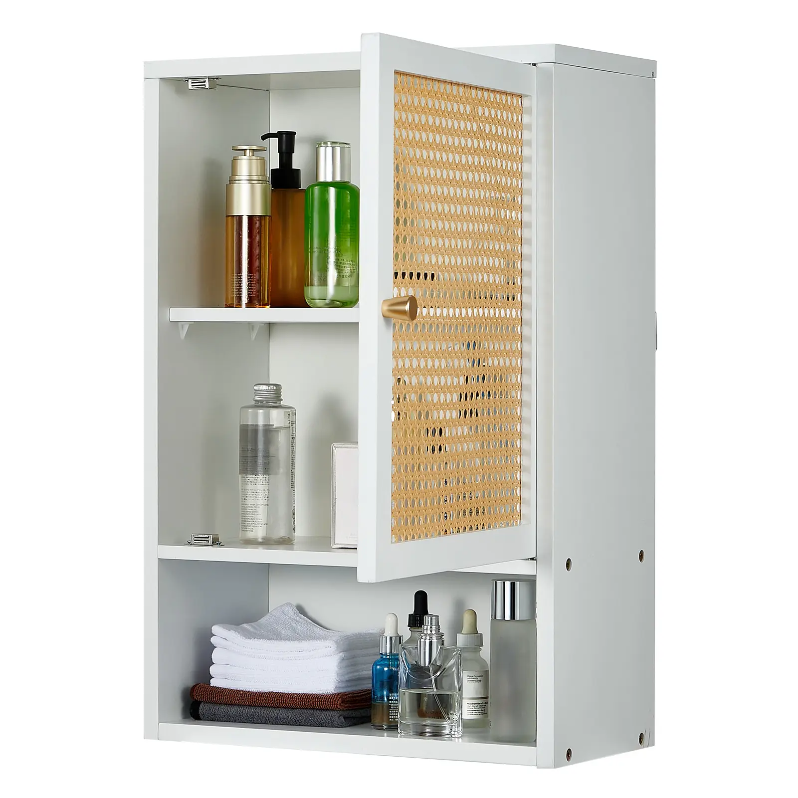 Space-Saving Bamboo Bathroom Wall Cabinet with Rattan Doors – Adjustable Shelf – Over Toilet Storage Organizer – Wall Mounted – Natural Wood Color for Bathroom, Kitchen, Laundry, Living Room