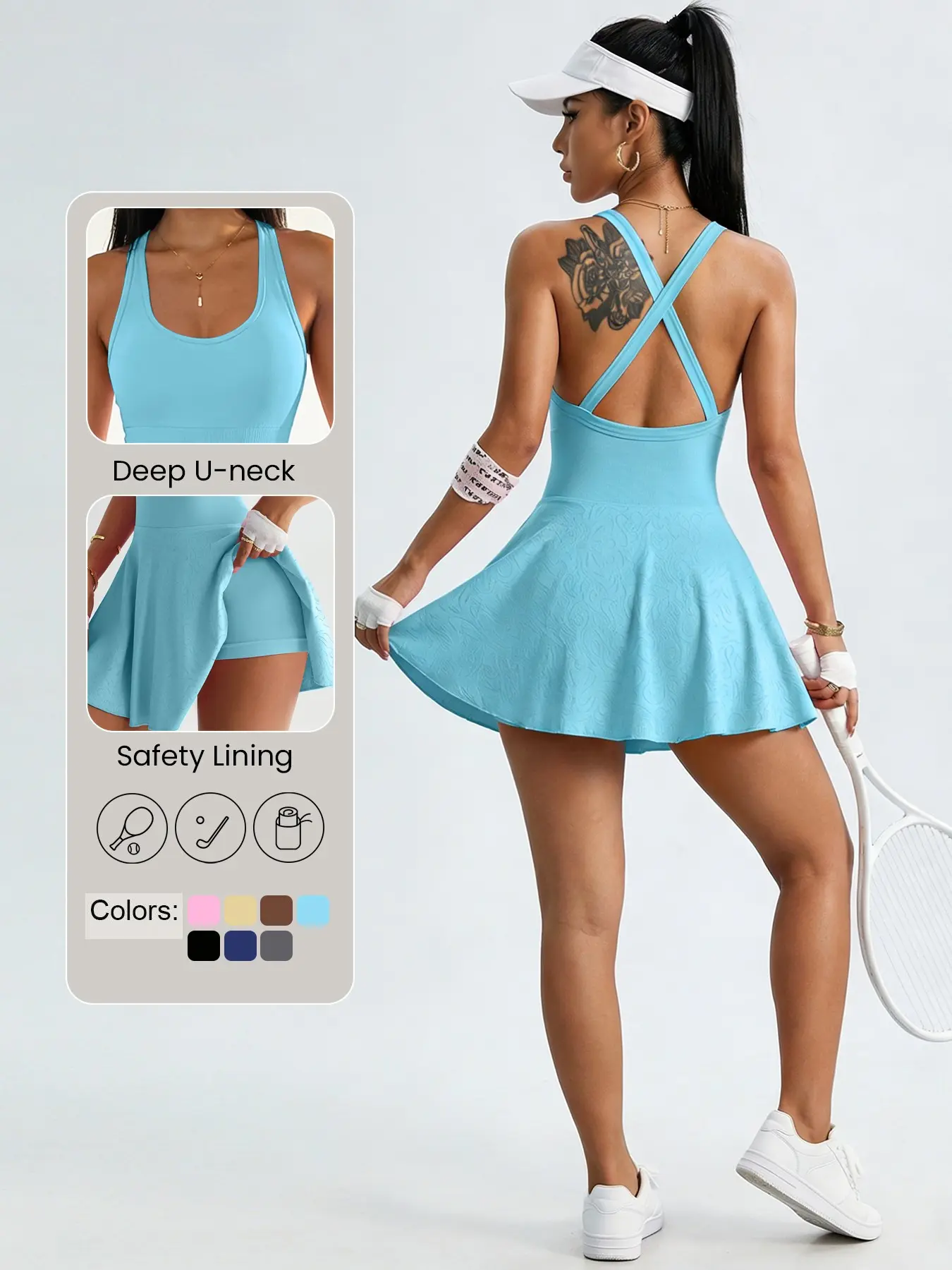Keren Sporty Cross-Back Dress, Seamless High-Elastic Fabric, Above-Knee Length, Solid Pattern, All-Season Wear, Safety Lining Included, Sports Dress, Sporty Tennis Dress, Workout Tennis Dress