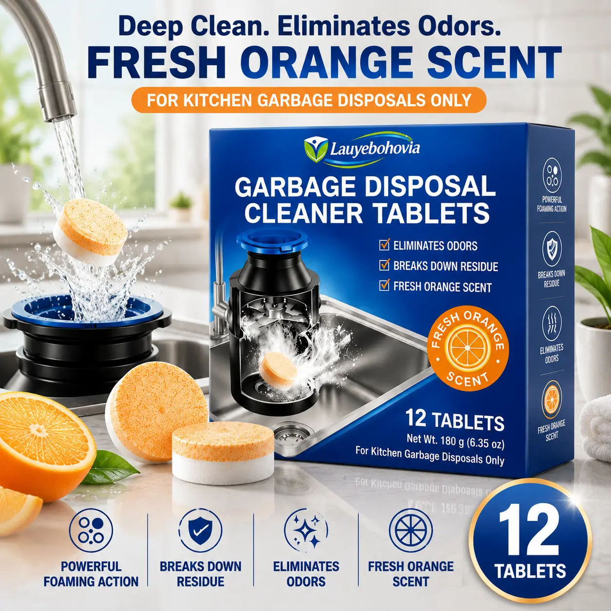 Garbage Disposal Cleaning Kit with 12 Cleaner Tablets, Brush & Splash Guard