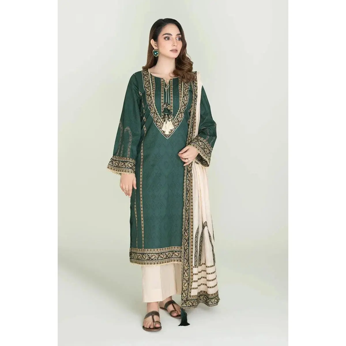 Women's 2-Piece Embroidered Stitched Printed Lawn Clothes Suit - Shirt, Trouser, Dupatta, Elegance | RTW-KSD-3875
