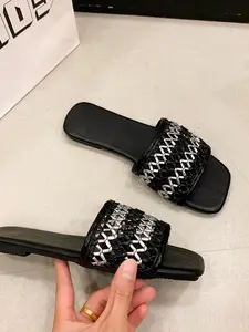 Woven Pattern One-Strap Square Toe Sandals, Open-Toe Flat Mules, Retro Woven Outdoor Slippers, Lazy Slip-On Woven Sandals, Commute/daily Wear