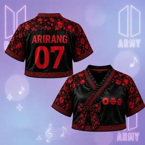 Custom 07 Arirang Hanbok Crop-top Jersey | Traditional Korean Cherry Blossom Red Concert Outfit 2026 | Vintage Aesthetic Kpop Fandom Mesh Top Shirt Women