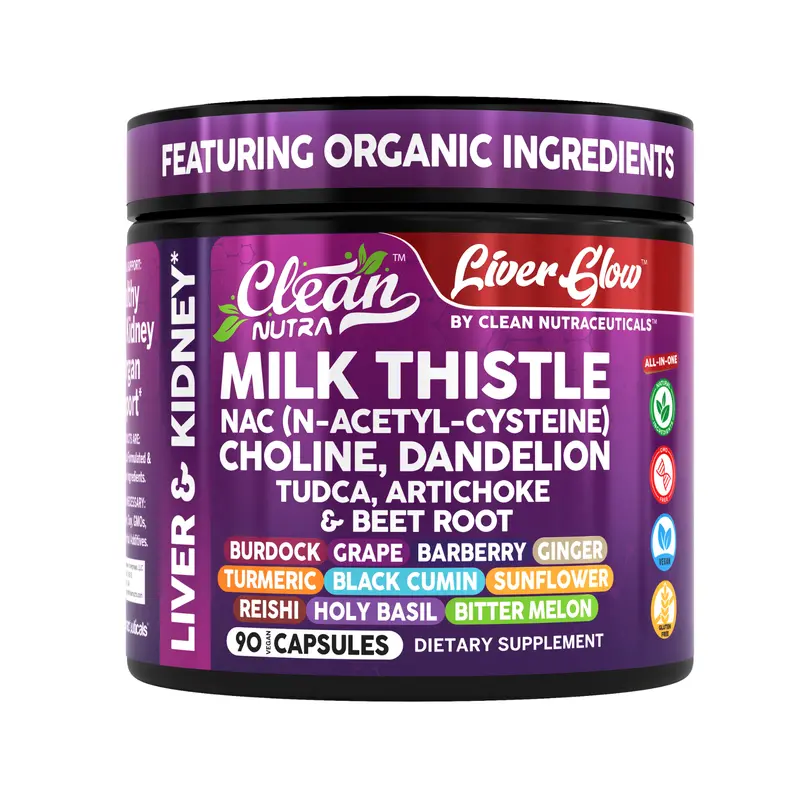 Clean Nutra Milk Thistle, NAC, Choline, Dandelion, TUDCA, Artichoke & More Plant-Based Detox Antioxidants for Liver & Kidney Support - Liver Glow