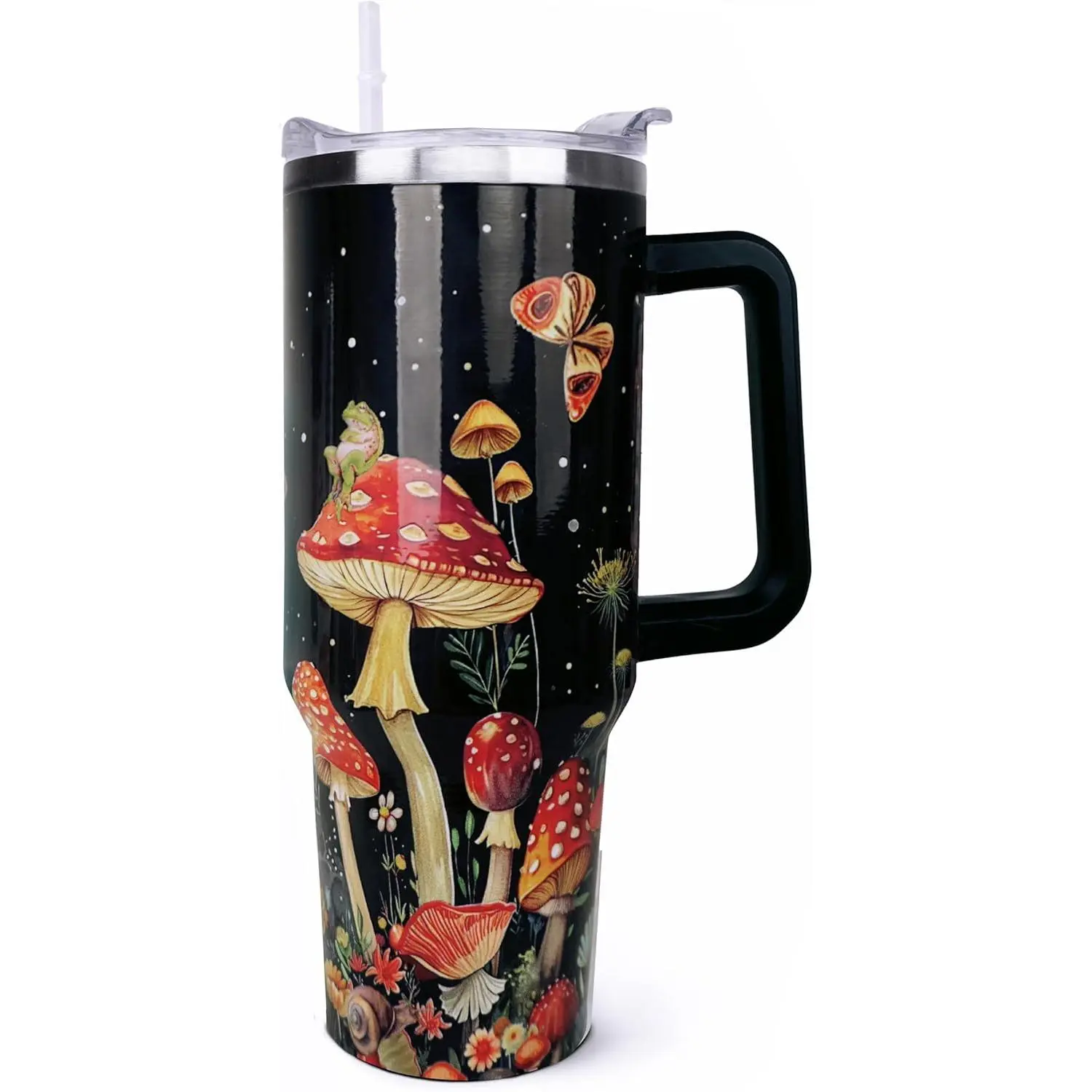 40oz (500-1000ml) Double Wall Insulated Mushroom Mug - Reusable Stainless Steel, Leak-Proof, Anti-Scalding Portable Travel Coffee Flask with Handle and Lid, Women's Kitchenware Drinkware Mother's Day Gift