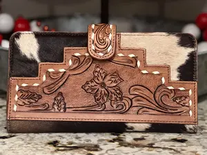 Large cowhide and beautifully tooled leather wallet made from genuine cowhide wallets women