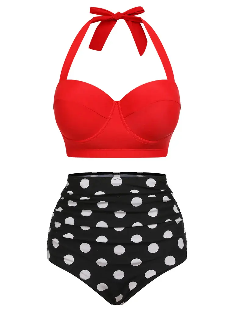 RETRO STAGE Women's Retro 1940s Polka Dot Halter Bikini Set, High-Waisted Padded High-Stretch Polyester Beachwear Swimsuit for Summer Vacation, Beachwear Swimsuits, Bikini Swimsuit Outfit