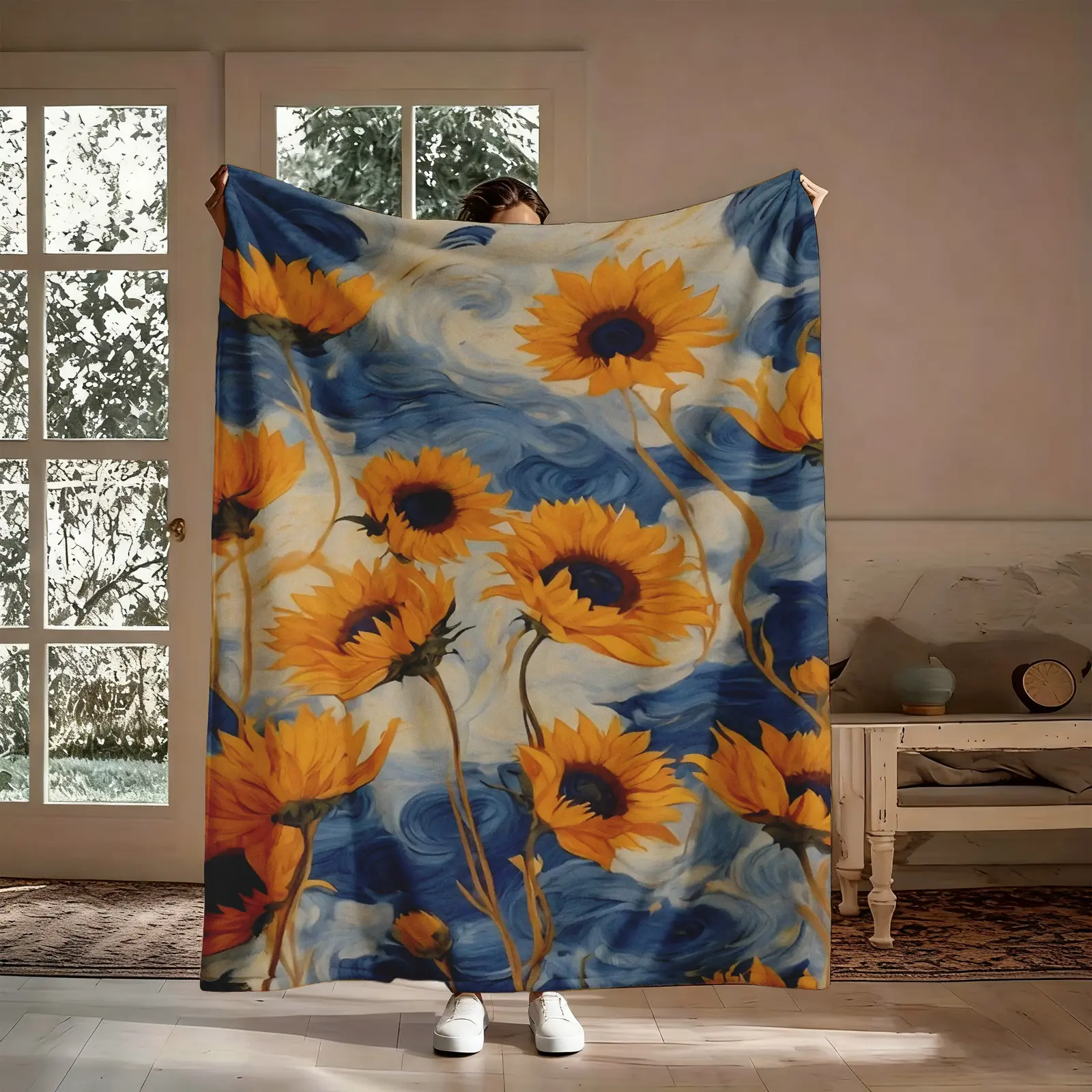 Starry Night Sunflowers Flannel Throw Blanket - Van Gogh Inspired Swirl Sky, All Season, Soft Cozy Warm, Art Graphic, Colorful Graphic, Couch Bed Use, Art Lovers Gift, Birthday Christmas Aesthetic Decor, All Season Blankets, Art Graphic Blankets