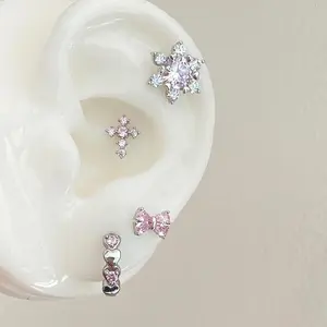 1 PCS New Cute Pink Zircon Crystal Ear Bone Nail 316L Medical Titanium Steel Earrings for Women Y2K Punk Jewelry