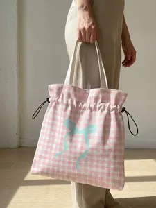 Butterfly Knot Pattern 2D Printed Drawstring Design Tote Bag, Large Capacity Shopping Bag, Durable and Wear-Resistant, Ideal for Work, Shopping, Picnic