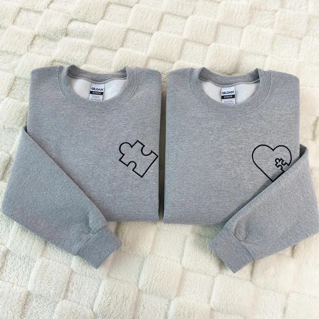 Custom Embroidered You Complete Me Heart Puzzle Matching Sweatshirt for Couples, Matching Couple Sweatshirt, Birthday Gift For Him Her
