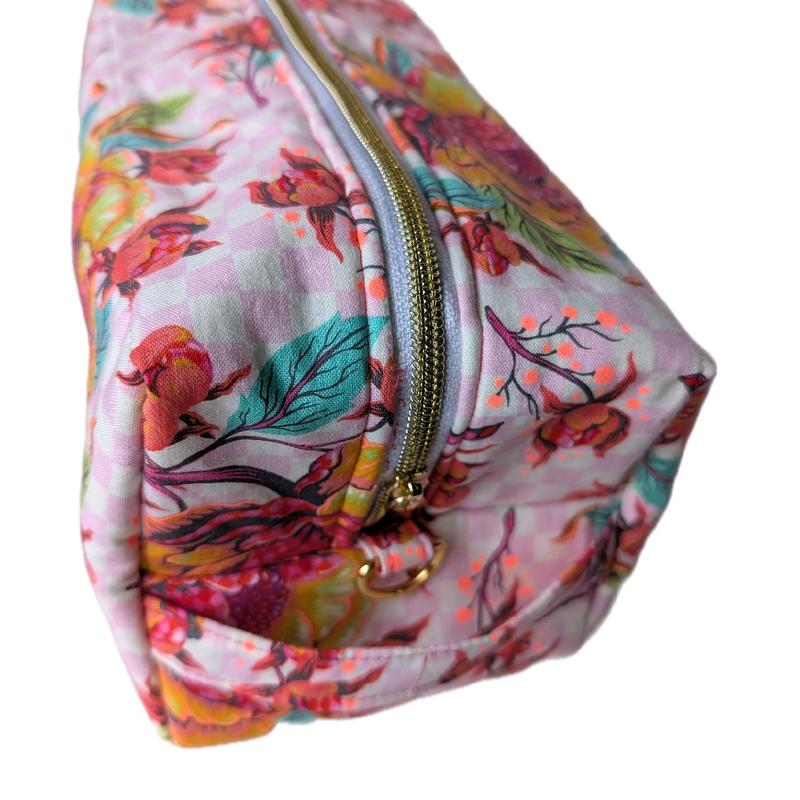 Pink Peony Anything Bag - Floral and leaf pattern with large peony motif on pink checkered background and gold colored hardware