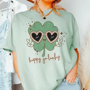 St. Patricks Day Happy Go Lucky Tee Happy Go Lucky Clover T-Shirt St. Pattys Clover Lucky Tshirt Womens St. Pattys Top St Patricks Shamrock and Clover Tee Retro St Patricks Top Casual Soft Womenswear Comfortable