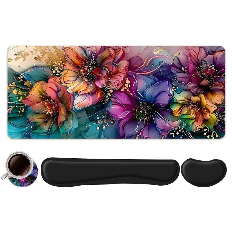 4pcs Rainbow Gradient Fantasy Floral Design Mouse Pad Set, Mouse Pad with Keyboard Wrist Rest & Coaster, Ergonomic Wrist Support, Computer Mat Mouse Pad Coaster Suitable for Home Office Gaming, Mouse Pad And Keyboard Wrist Rest