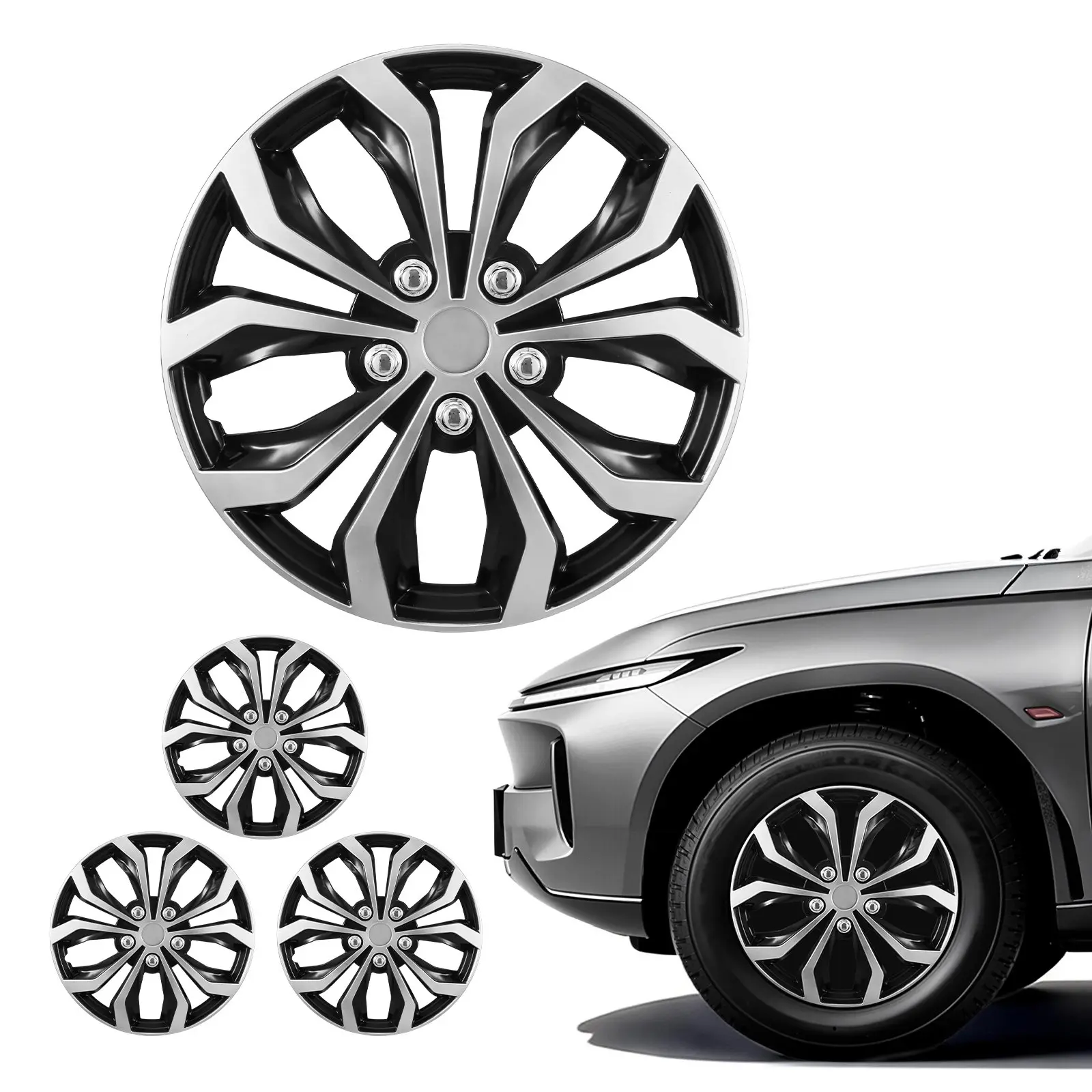 【DealsForYouDays】VEVOR 16-Inch ABS Plastic Hubcaps Set of 4, R16 Snap-On Car Rims Covers, 10-Spoke OEM Replacement Tool-Free Install for Steel Wheels, Silver/Black Mud Protection (Universal for 2 Car Models) Car Rims