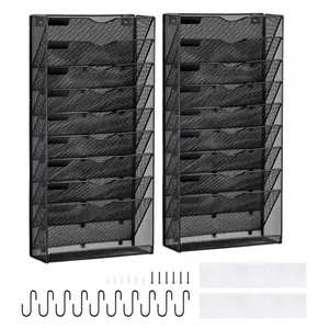 Two-Piece Mesh Wall File Rack With 10 Pockets, Wall Mounted Mail And Document Organizer For Office, Home, And School, Metal Wall File Holder With Nametag Label, Magazine, Paper And Letter Storage