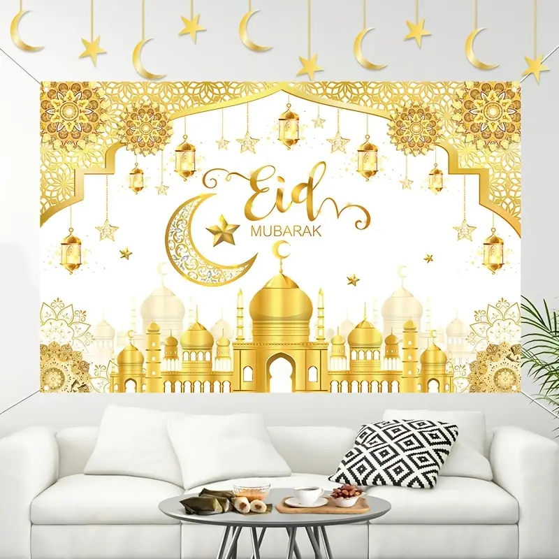 Elegant and Gold Ramadan Mubarak Banner, Multi-Sized Polyester Background, Wall Decor Banner, Home Decor Banner, Crescent Moon, Lanterns, Stars, Mosque Design
