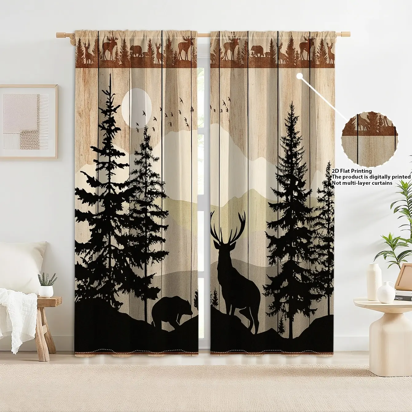 2pcs Forest Deer Shadow Blackout Curtains, Polyester Curtain, Window Drapes, Blackout Window Cover, Natural Wind Home Decor, Living Room Bedroom Use, Insulation, Cozy Atmosphere, Artistic Style