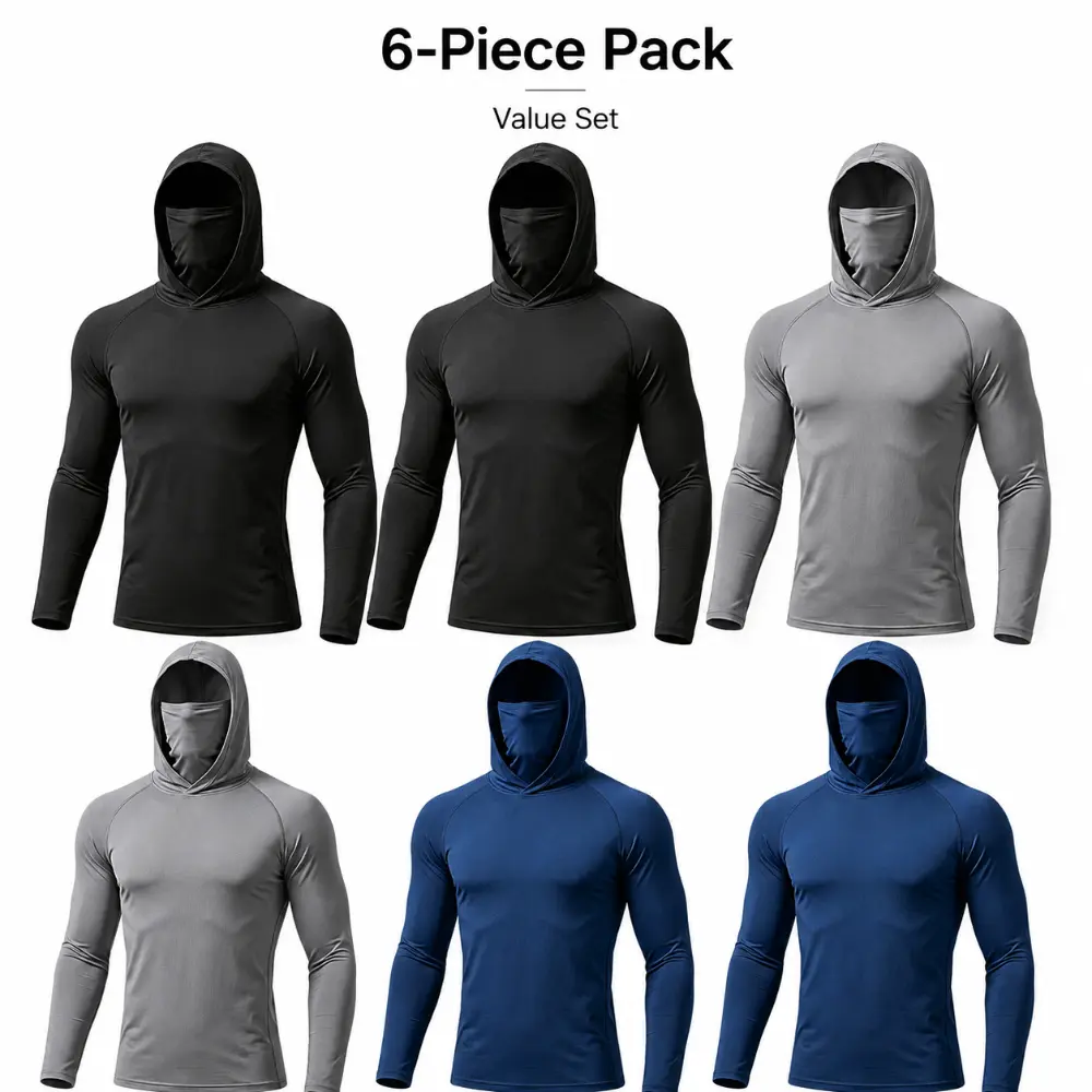 6 Pack Unisex Breathable Cooling Hooded Shirts with Built-In Face Cover, Quick Dry Long Sleeve Compression Performance Tops for Fishing, Camping, Hiking, Gym Training, Construction and Outdoor Activities