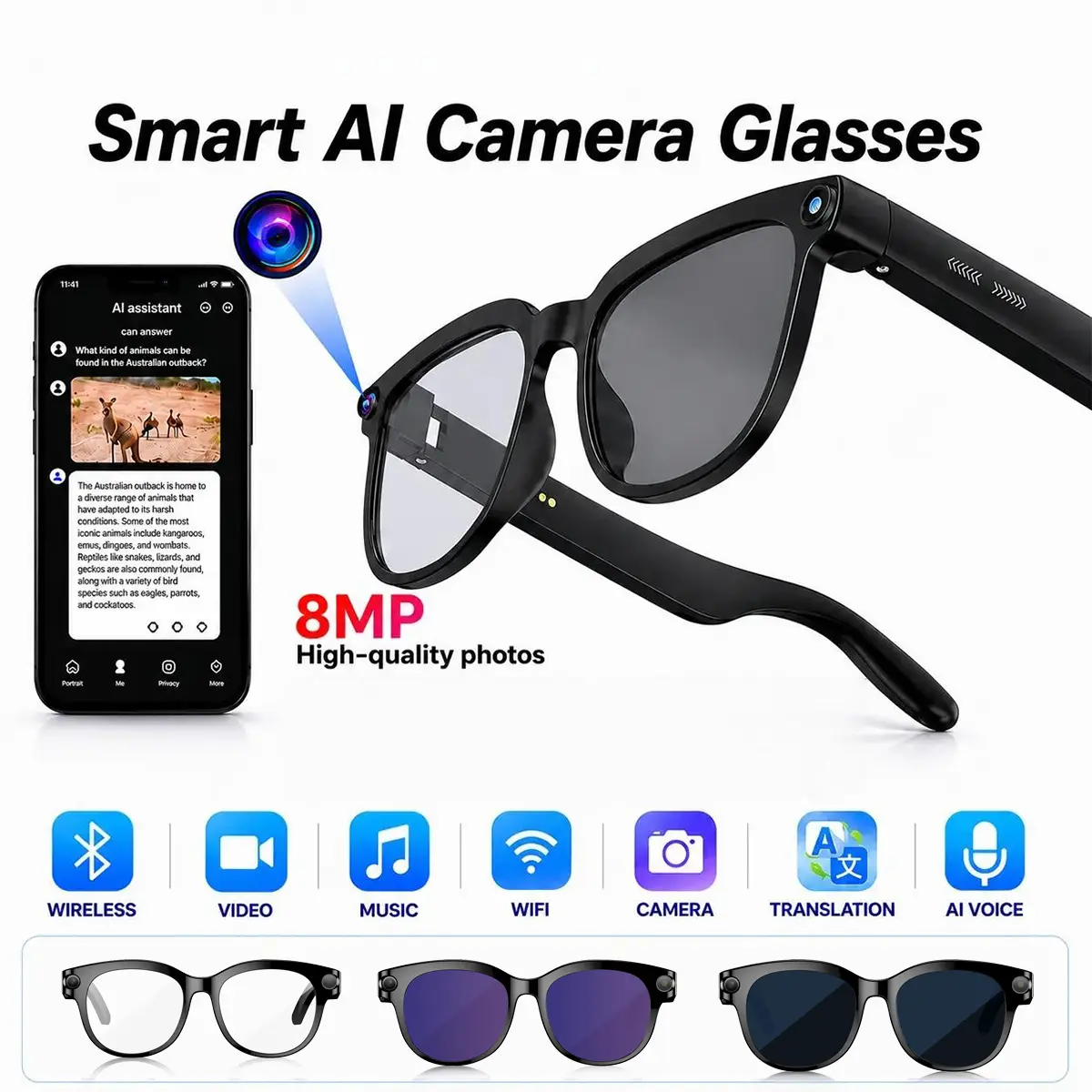 Smart AI Camera Glasses with 8MP 8MP Camera, Photo & Video Recording,Button Touch Adjustment for Travel Outdoor Adventures Hands-Free Photography 160+Languages Real-Time Translation Bluetooth Wireless Wearable Video Recording UV Protection ,Birthday gifts