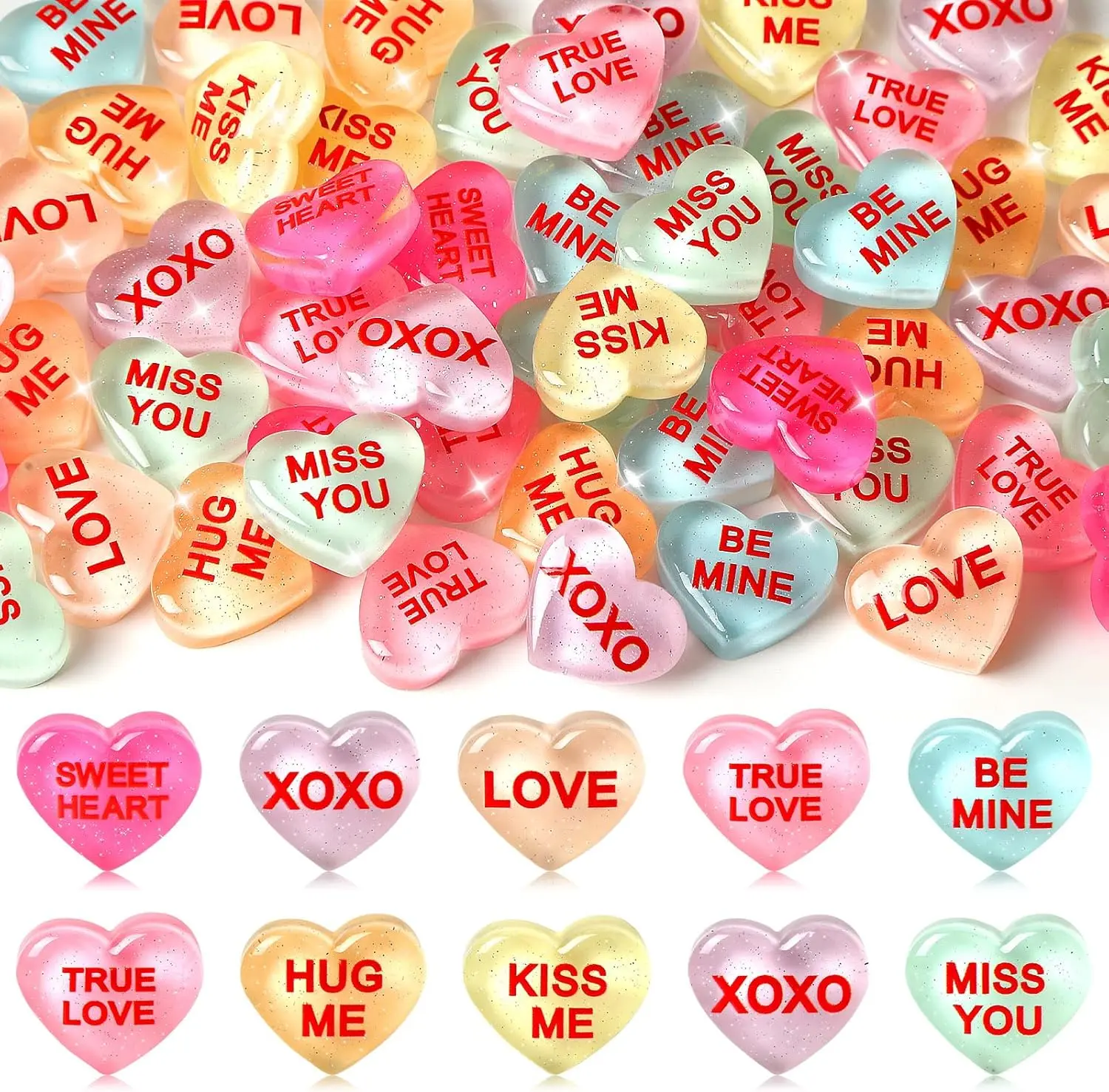 50 Pcs Conversation Hearts Decorations, Resin Candy Hearts for DIY Jewelry Making, Mini Heart Charms with True Love Phrases, Valentine's Day Craft Supplies