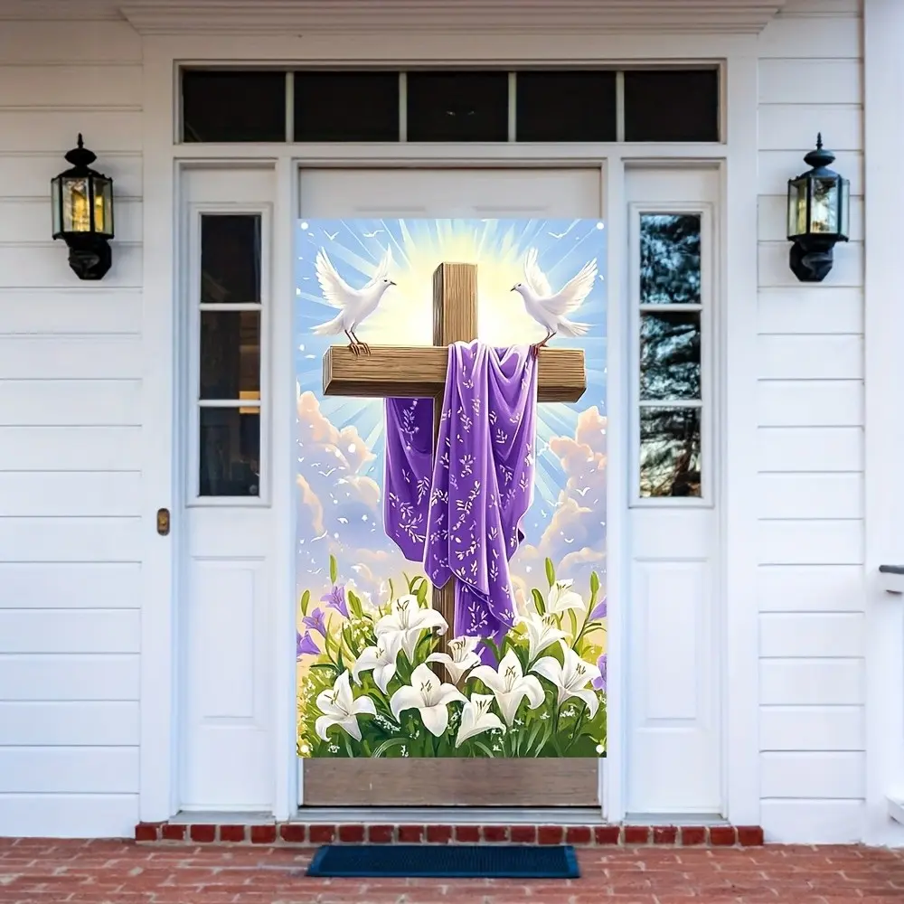 Easter Banner Decoration, Jesus Cross Design, Indoor & Outdoor Use, Perfect for Home Decor, Seasonal Party Backdrop, No Power Needed
