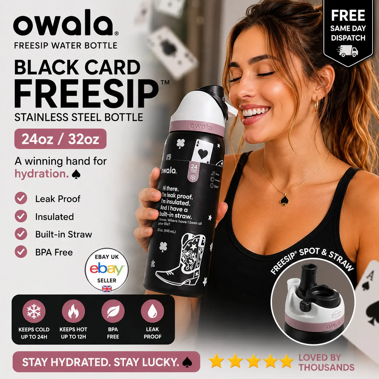32oz Insulated Owala Water Bottle Cup Drinking Tied Flip FreeSip Black Card UK