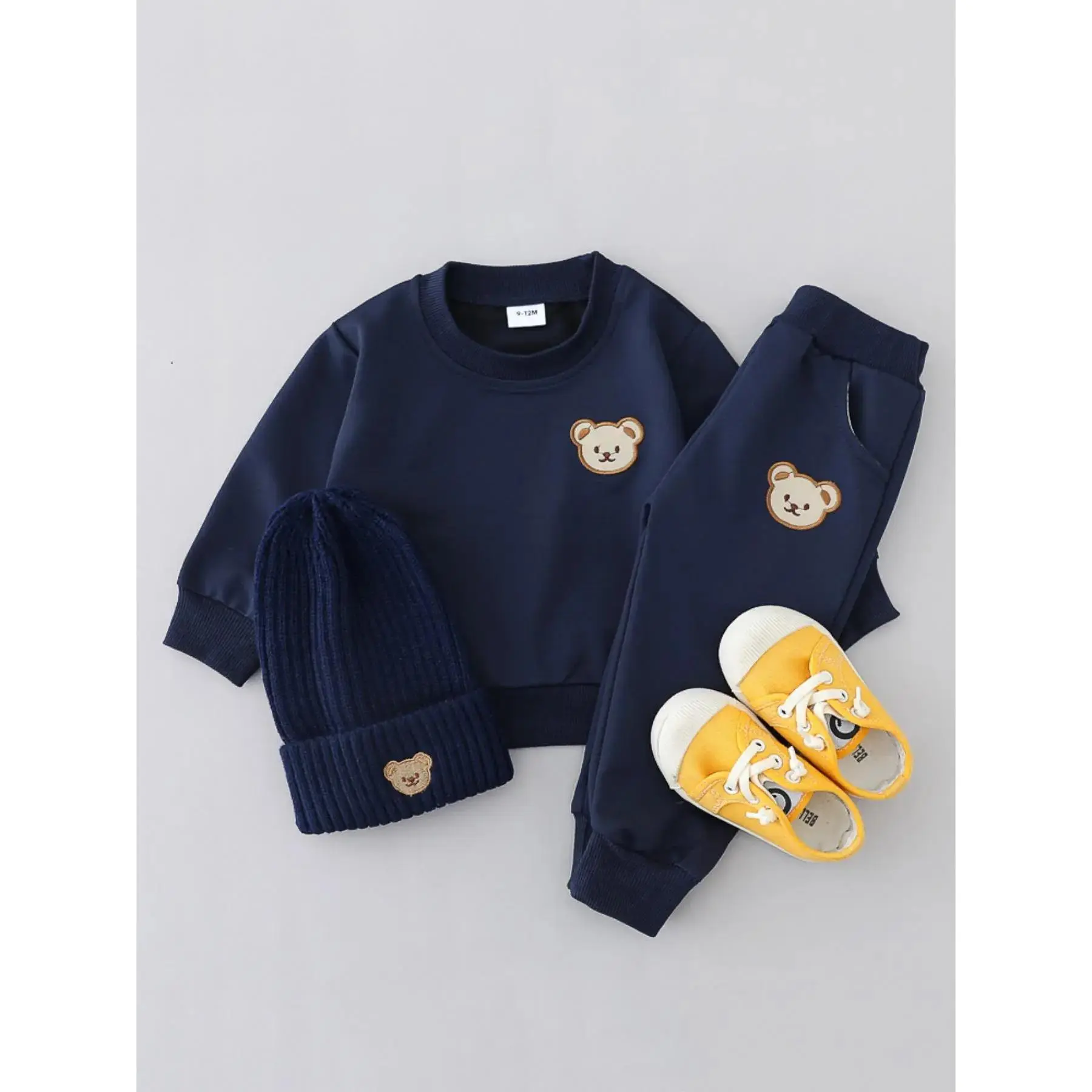 Baby's Two-piece Outfits without Hat & Shoes, Cartoon Bear Embroidery Sweatshirt & Elastic Waist Sweatpants Terry Cloth Set, Baby's Clothes for Daily Wear, Baby Clothing